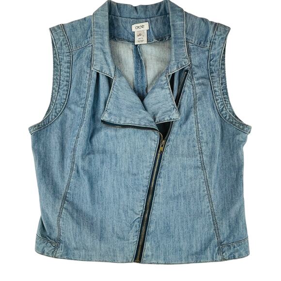 Cache Blue Denim Cotton Asymmetrical Zip Front Classic Moto Sleeveless Vest M - Picture 2 of 8